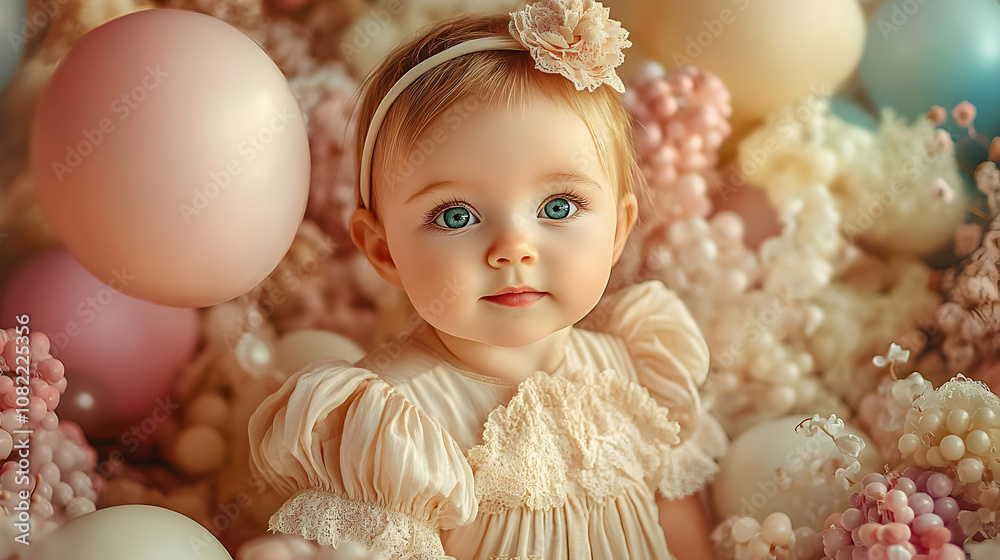 Adorable Baby Girl in Beige Dress Poses Amidst Pastel Balloons and Flowers Adorable Baby Girl in Beige Dress Poses Amidst Pastel Balloons and Flowers