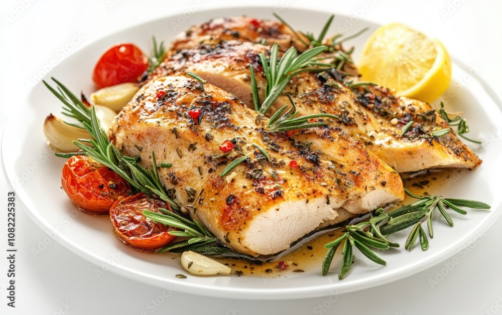 Delicious roasted turkey with rosemary, tomatoes, garlic, and lemon on white plate, cut out professional stock photo on white background Delicious roasted turkey with rosemary, tomatoes, garlic, and lemon on white plate, cut out professional stock photo on white background