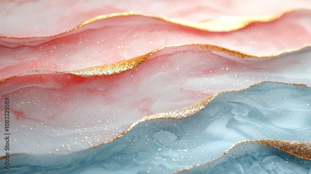 Abstract waves of pink, white, and blue with golden accents and glitter. Abstract waves of pink, white, and blue with golden accents and glitter.