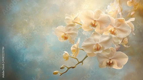 Delicate white orchid blossoms against a soft blue background.