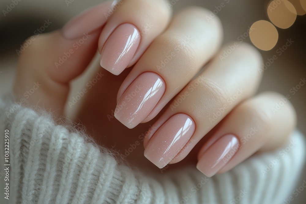 Elegant glossy nails with a soft pink polish, showcasing a chic and stylish manicure.