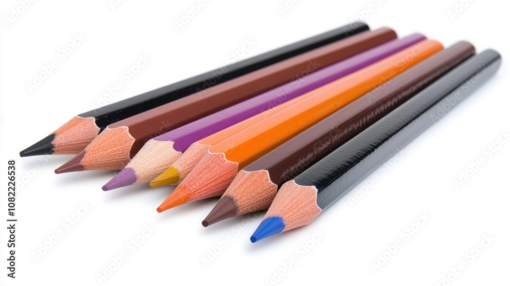 Naklejka premium Colorful pencils arranged in artistic rows on a white background showcasing creativity and vibrant artistic expression