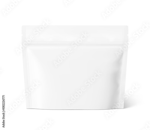 Realistic stand up pouch bag with zip lock mockup with transparent shadow. Front view. Vector illustration isolated on white background. Ready for your design. EPS10.	