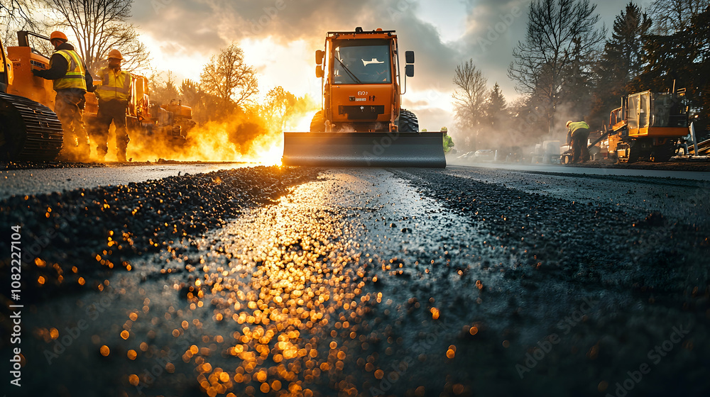 Close Up of Freshly Laid Asphalt with Construction Equipment and Workers Close Up of Freshly Laid Asphalt with Construction Equipment and Workers