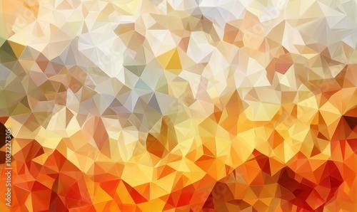 Abstract geometric pattern, vibrant colors, triangular shapes, warm tones, orange, yellow, white, modern design, digital art