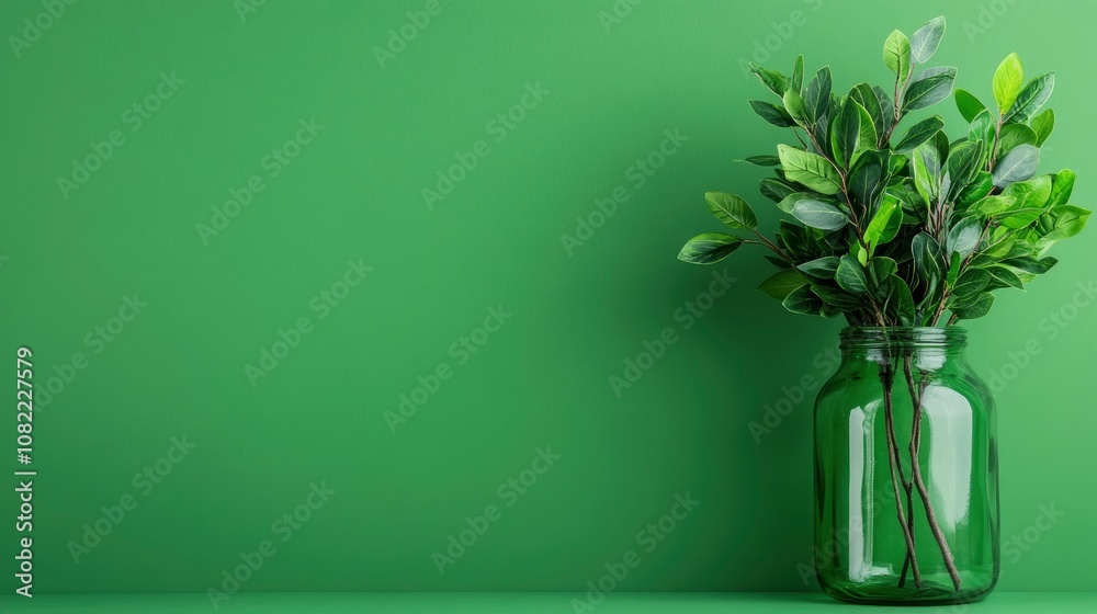 Green Plant in Glass Jar Against Green Background Green Plant in Glass Jar Against Green Background