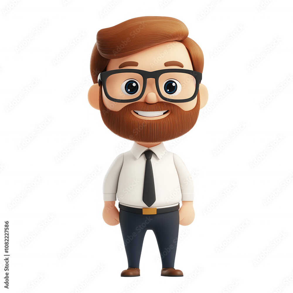 A cheerful cartoon businessman with glasses standing confidently., isolated on a transparent background.