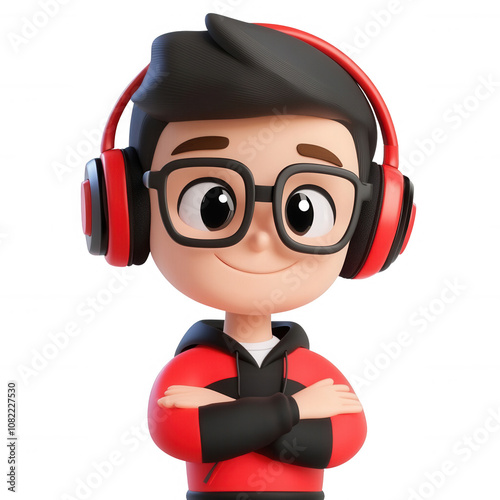 A cheerful cartoon boy with headphones, perfect for gaming and technology themes. photo