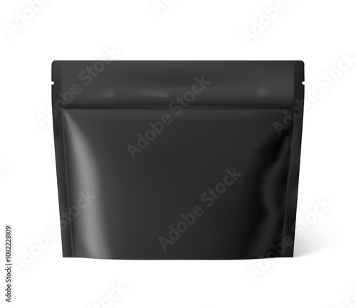 Realistic black stand up pouch bag with zip lock mockup with transparent shadow. Front view. Vector illustration isolated on white background. Ready for your design. EPS10.