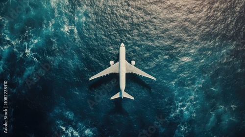 Aerial view of a plane flying over the deep blue ocean, creating a striking contrast with the water's surface.