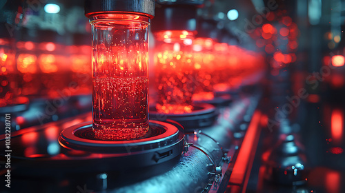 high throughput screening setup featuring illuminated glass vials filled with liquid, showcasing vibrant red glow. scene conveys sense of advanced technology and innovation in laboratory environment photo