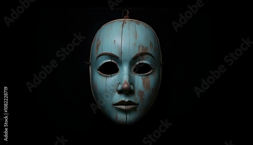 A wooden mask with a weathered look, isolated on a pure black background, emphasizing its texture and antique design create with ai