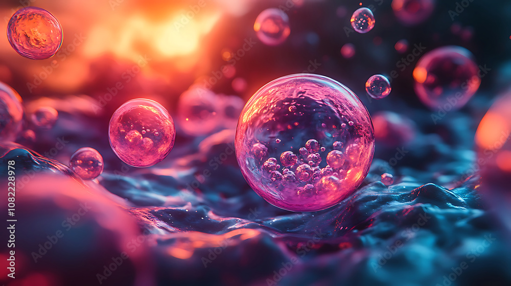 Colorful 3D representation of cells in vibrant environment, showcasing intricate details and textures. scene evokes sense of wonder and exploration in cellular biology Colorful 3D representation of cells in vibrant environment, showcasing intricate details and textures. scene evokes sense of wonder and exploration in cellular biology