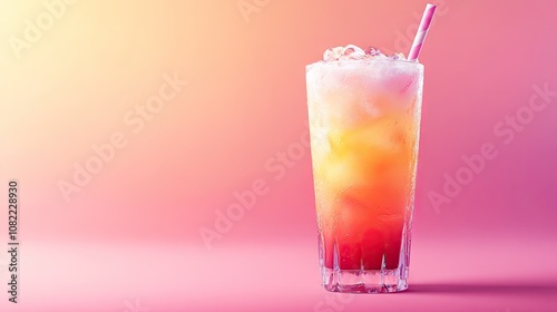 Refreshing mixed drink with ice and a pink straw, set against a vibrant gradient background.