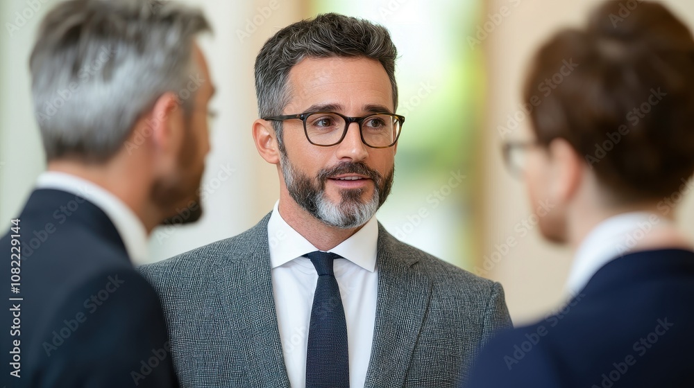 A professional man in a patterned suit engages in conversation with two colleagues in a modern office setting. A professional man in a patterned suit engages in conversation with two colleagues in a modern office setting.