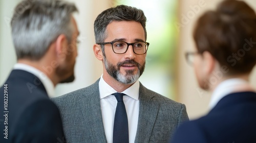 A professional man in a patterned suit engages in conversation with two colleagues in a modern office setting.