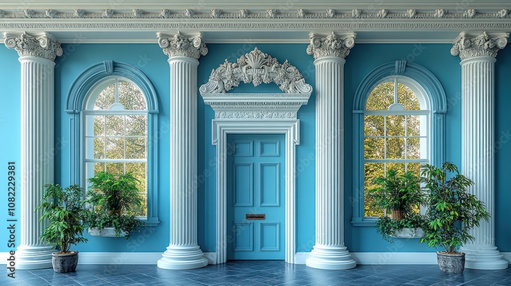 Obraz premium Elegant blue room with columns, plants, and a decorative door.