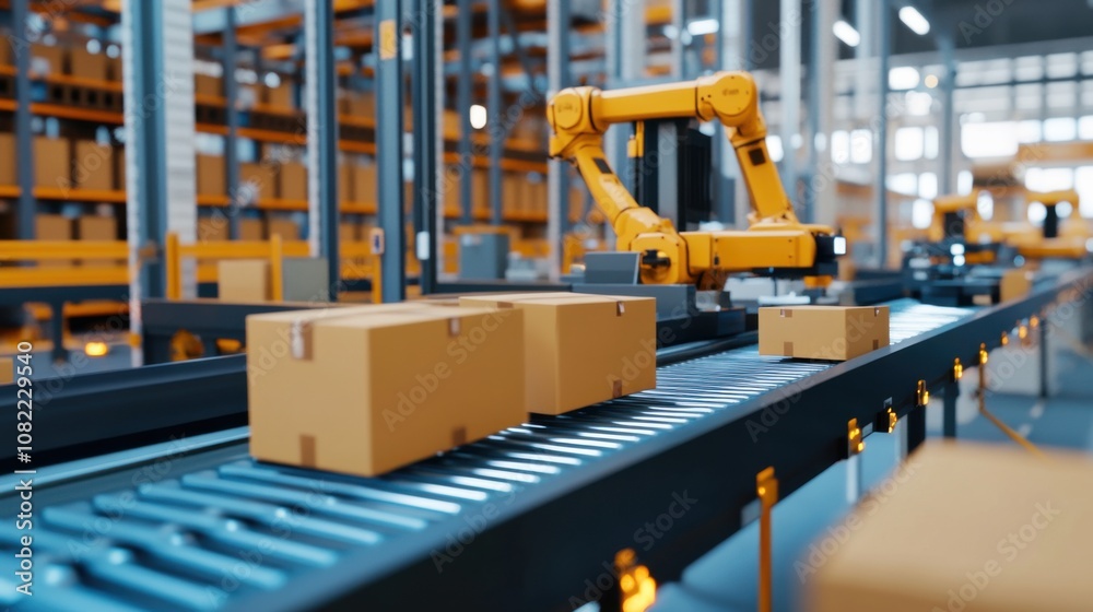 Automated Sorting System Processing Packages in Modern Distribution Center: Showcasing Efficient Use of Conveyor Belts and Robotic Arms for Enhanced Logistics Operations Automated Sorting System Processing Packages in Modern Distribution Center: Showcasing Efficient Use of Conveyor Belts and Robotic Arms for Enhanced Logistics Operations