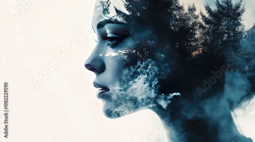 Profile of a woman with an ethereal double exposure of trees and clouds, blending nature and human form seamlessly.