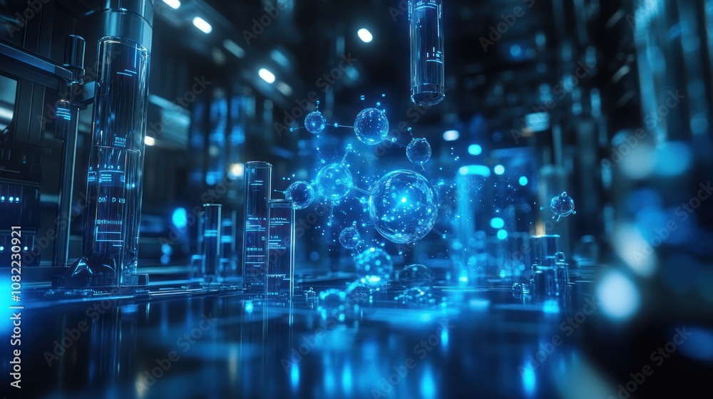 Futuristic lab with glowing blue spheres and scientific equipment. Futuristic lab with glowing blue spheres and scientific equipment.