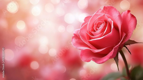 A close-up photo of a Middlemist's Red rose with sharp focus on the deep pink-red petals and an extreme bokeh effect in the background