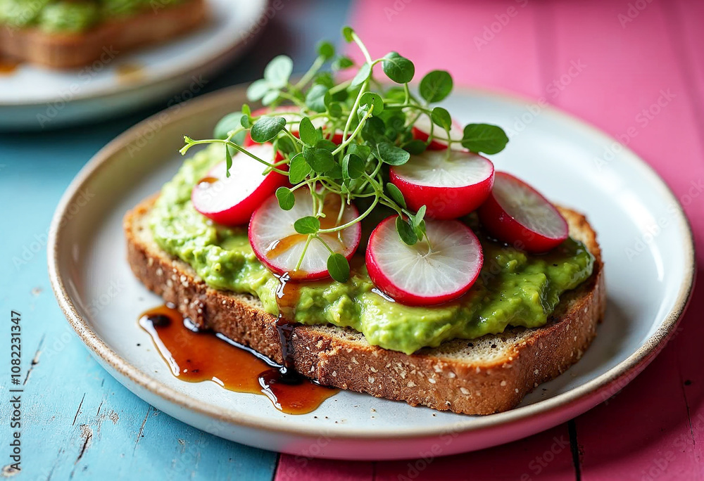 Avocado Toast with Radishes and Microgreens Healthy Breakfast Concept Avocado Toast with Radishes and Microgreens Healthy Breakfast Concept