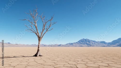 A solitary dead tree stands in a vast dry landscape under a clear sky.