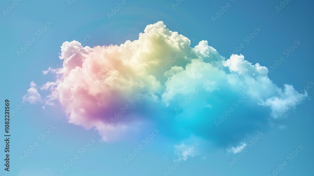 A fluffy cloud enveloped in a bright rainbow on a clear day. A fluffy cloud enveloped in a bright rainbow on a clear day.