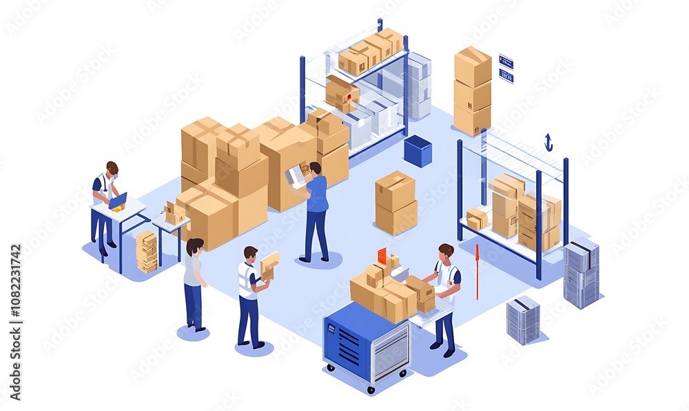 A warehouse scene with workers organizing and processing packages. A warehouse scene with workers organizing and processing packages.