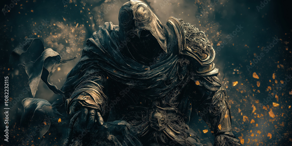 Epic hooded knight surrounded by enchanting particle effects in dark atmosphere Epic hooded knight surrounded by enchanting particle effects in dark atmosphere