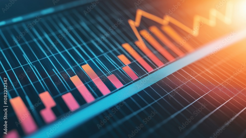 Fototapeta premium A vibrant digital chart displaying fluctuating graphs and colorful bars, symbolizing data analysis and financial trends.