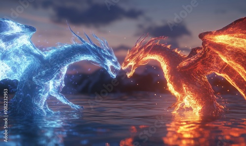 Dragons battle in elemental clash, ice and fire dragons facing off over water, dramatic sunset sky, vibrant colors, intense atmosphere