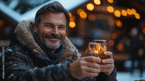 Warm Winter Cheer: A smiling man raises a glass of warm beverage against the backdrop of a cozy winter cabin, inviting viewers to share in the festive atmosphere.