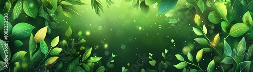 A vibrant green background with lush leaves creating a serene natural atmosphere.