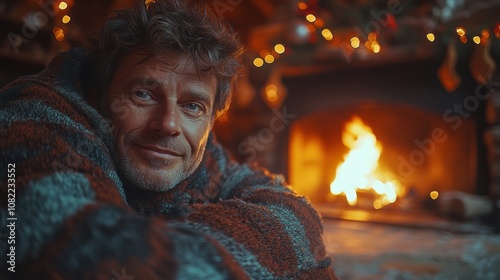 Cozy Fireplace Comfort: A man lounges in a cozy cabin setting, basking in the warmth of a crackling fireplace. His warm smile and relaxed demeanor evoke a sense of contentment and peace.