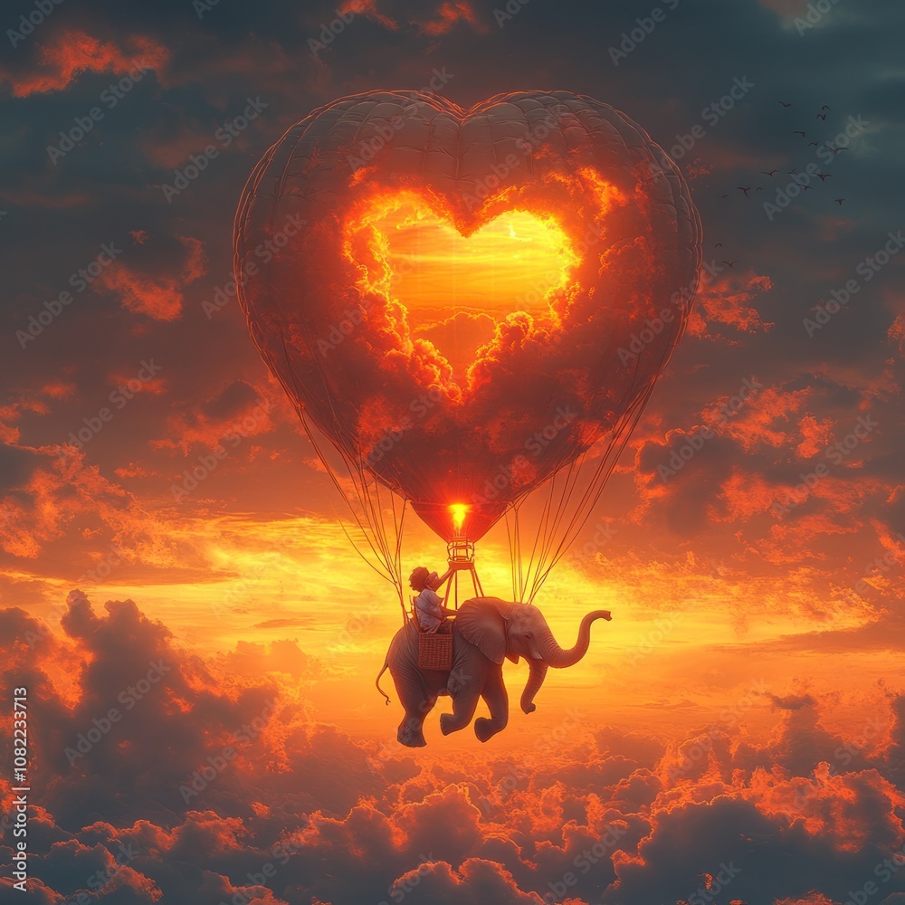 Fototapeta premium A young boy rides an elephant in a heart-shaped hot air balloon, soaring through the sky.