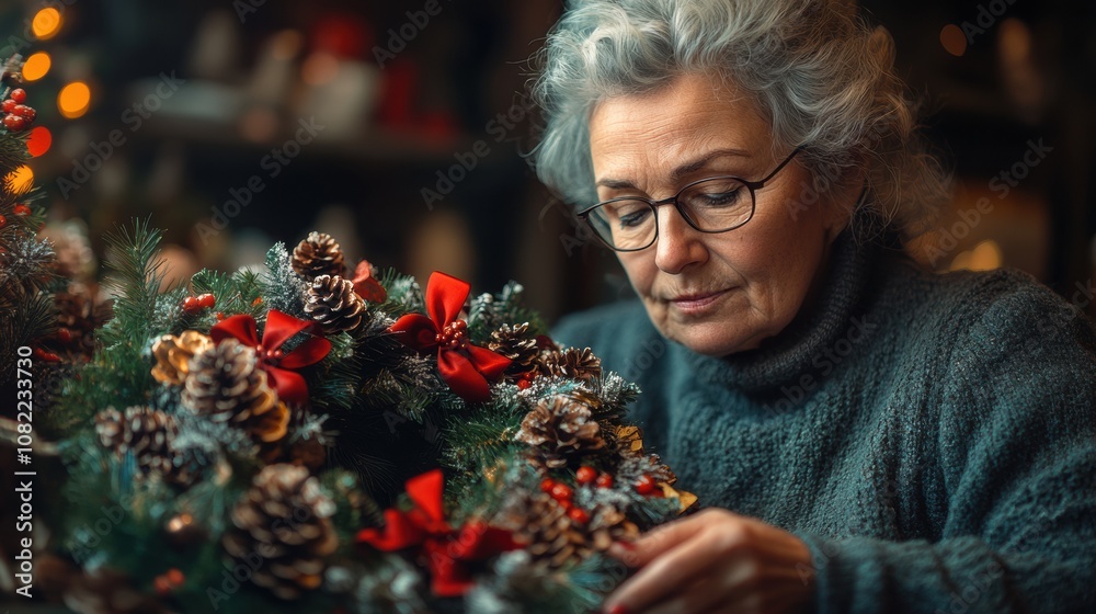 Grandmother's Holiday Tradition: A close-up portrait of a serene senior woman with glasses, meticulously crafting a festive Christmas wreath. Grandmother's Holiday Tradition: A close-up portrait of a serene senior woman with glasses, meticulously crafting a festive Christmas wreath.