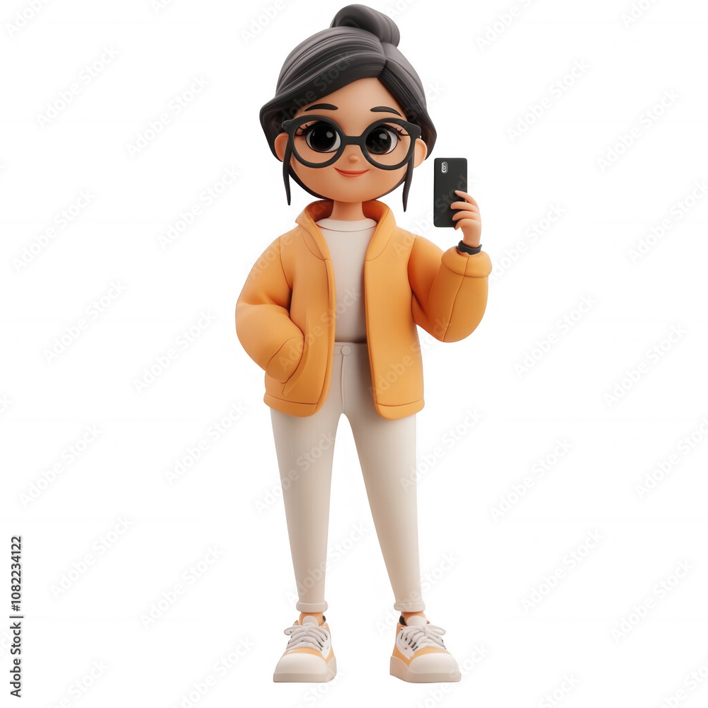 A stylish young woman holding a smartphone, showcasing modern casual fashion., isolated on a transparent background. A stylish young woman holding a smartphone, showcasing modern casual fashion., isolated on a transparent background.