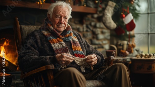Wallpaper Mural Cozy Christmas Eve: An elderly gentleman knits by a crackling fireplace, embodying warmth, peace, and the spirit of the holidays.   Torontodigital.ca