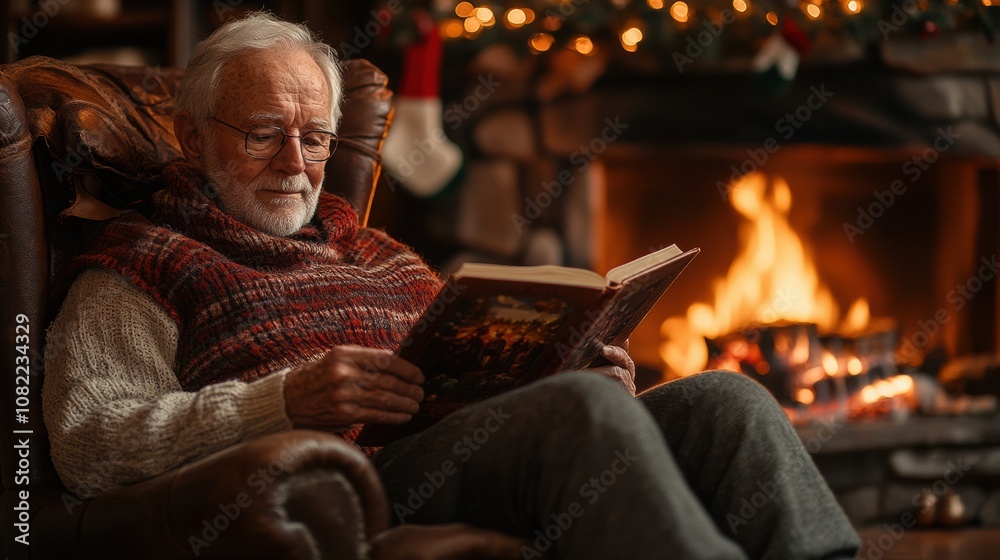 Cozy Christmas Evening: An elderly gentleman finds solace and warmth by the fireplace, engrossed in a captivating book. The scene evokes a sense of peace, tranquility. Cozy Christmas Evening: An elderly gentleman finds solace and warmth by the fireplace, engrossed in a captivating book. The scene evokes a sense of peace, tranquility.