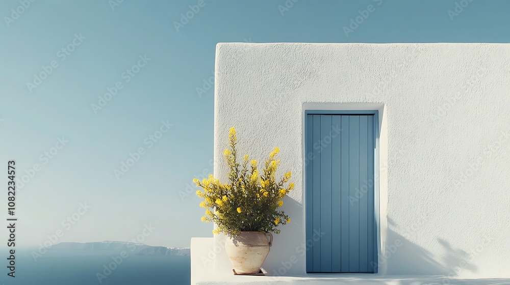 Fototapeta premium A blue door on a white building with yellow flowers in a pot in front of the door. The building has a white wall, and the door is a light blue color. The flowers are in a terracotta pot.