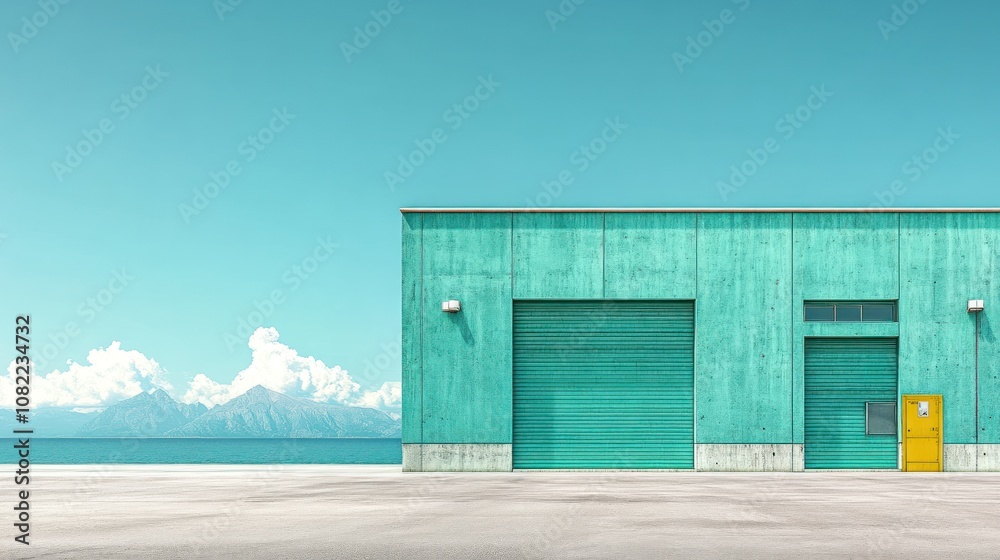 A turquoise industrial building by the sea with mountains in the background. A turquoise industrial building by the sea with mountains in the background.