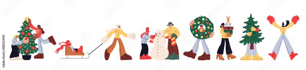 Christmas gift. Family preparing and celebrating winter holiday. Happy couple carry Xmas tree. Woman holding New Years present box. Holiday shopping. Man making snowman. Vector festive characters set Christmas gift. Family preparing and celebrating winter holiday. Happy couple carry Xmas tree. Woman holding New Years present box. Holiday shopping. Man making snowman. Vector festive characters set