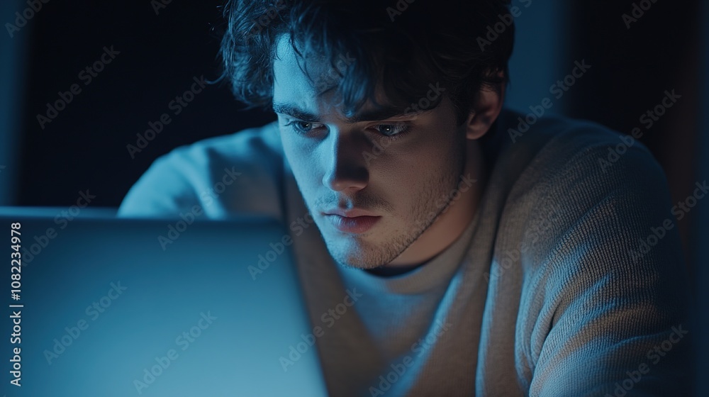 Intense young man focused on laptop screen in a dimly lit room, showcasing concentration and dedication in a modern technology-driven environment Intense young man focused on laptop screen in a dimly lit room, showcasing concentration and dedication in a modern technology-driven environment