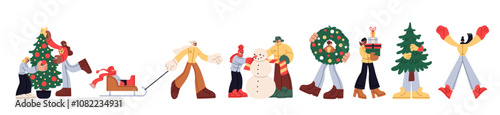 Christmas gift. Family preparing and celebrating winter holiday. Happy couple carry Xmas tree. Woman holding New Years present box. Holiday shopping. Man making snowman. Vector festive characters set