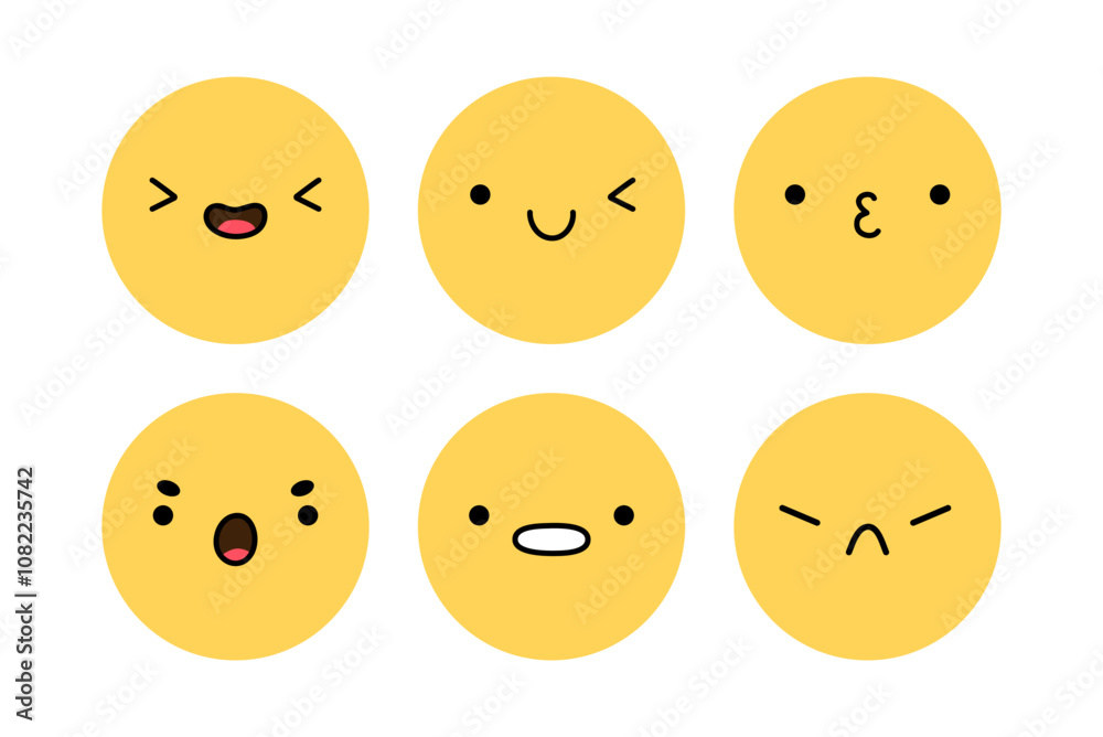 A cute emoji set with different facial expressions. Yellow characters with happy, joyful, sad, disappointed, surprised, angry mood. Vector flat illustration. Perfect for social media, stickers. A cute emoji set with different facial expressions. Yellow characters with happy, joyful, sad, disappointed, surprised, angry mood. Vector flat illustration. Perfect for social media, stickers.