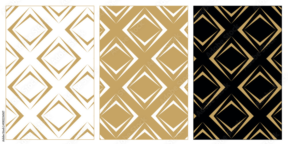 Set of patterns with crosses, stripes, lines. Seamless vector background. White, gold and black ornament. Modern reticulated graphic design. Set of patterns with crosses, stripes, lines. Seamless vector background. White, gold and black ornament. Modern reticulated graphic design.