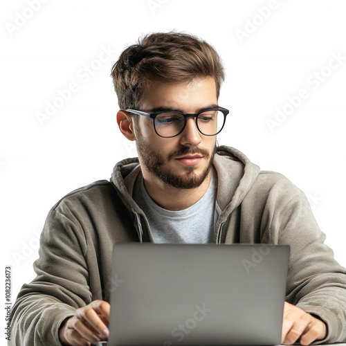 A young man focused on his laptop, representing modern work and digital communication.