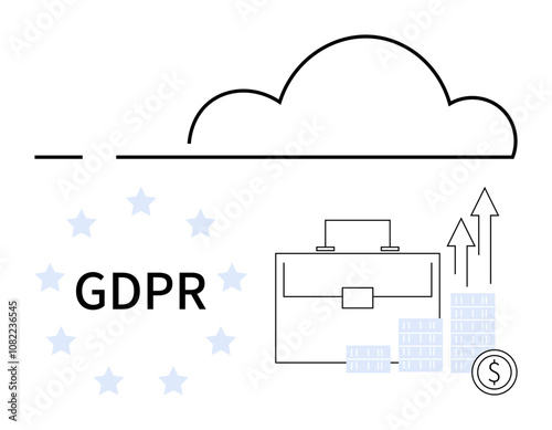 Cloud above with GDPR text, briefcase, rising arrows, euro coin, and stacked blocks. Ideal for data protection, business, growth security finance cloud computing regulations. Line metaphor