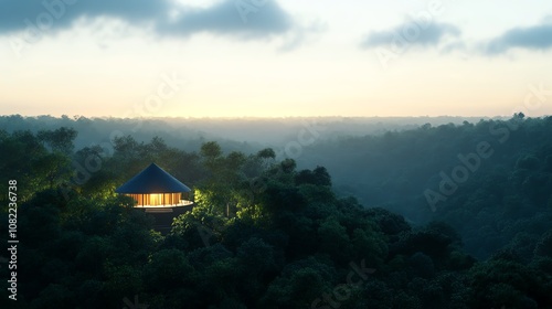 A modern dwelling gleaming in the forest at dusk, surrounded by lush foliage and tranquility.